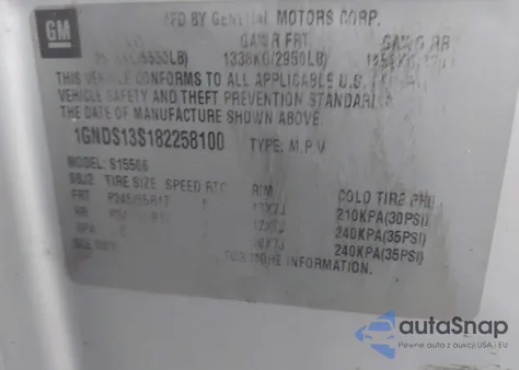 2008 Chevrolet Trailblazer Fleet z USA, uszkodzony, nr VIN 1GNDS13S182258100